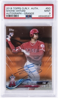 2018 Topps Clearly Authentic Autograph Orange #SO Shohei Ohtani Signed Rookie Card (#3/5) - PSA MINT 9